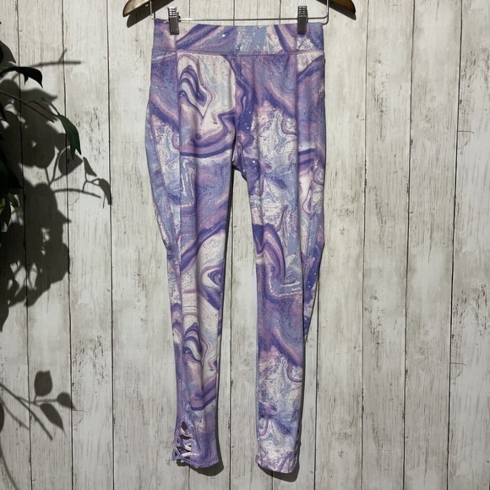 More Than Magic XL 14/16 Leggings Kids Purple Marble Lattice Ankle Athletic